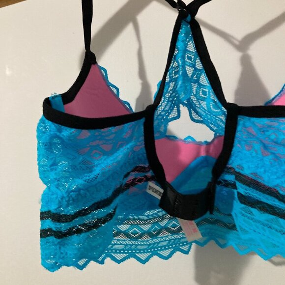 Victoria Secret Womens M PINK Underwire Bra Racerback No PushUp Blue Lace - Picture 3 of 5